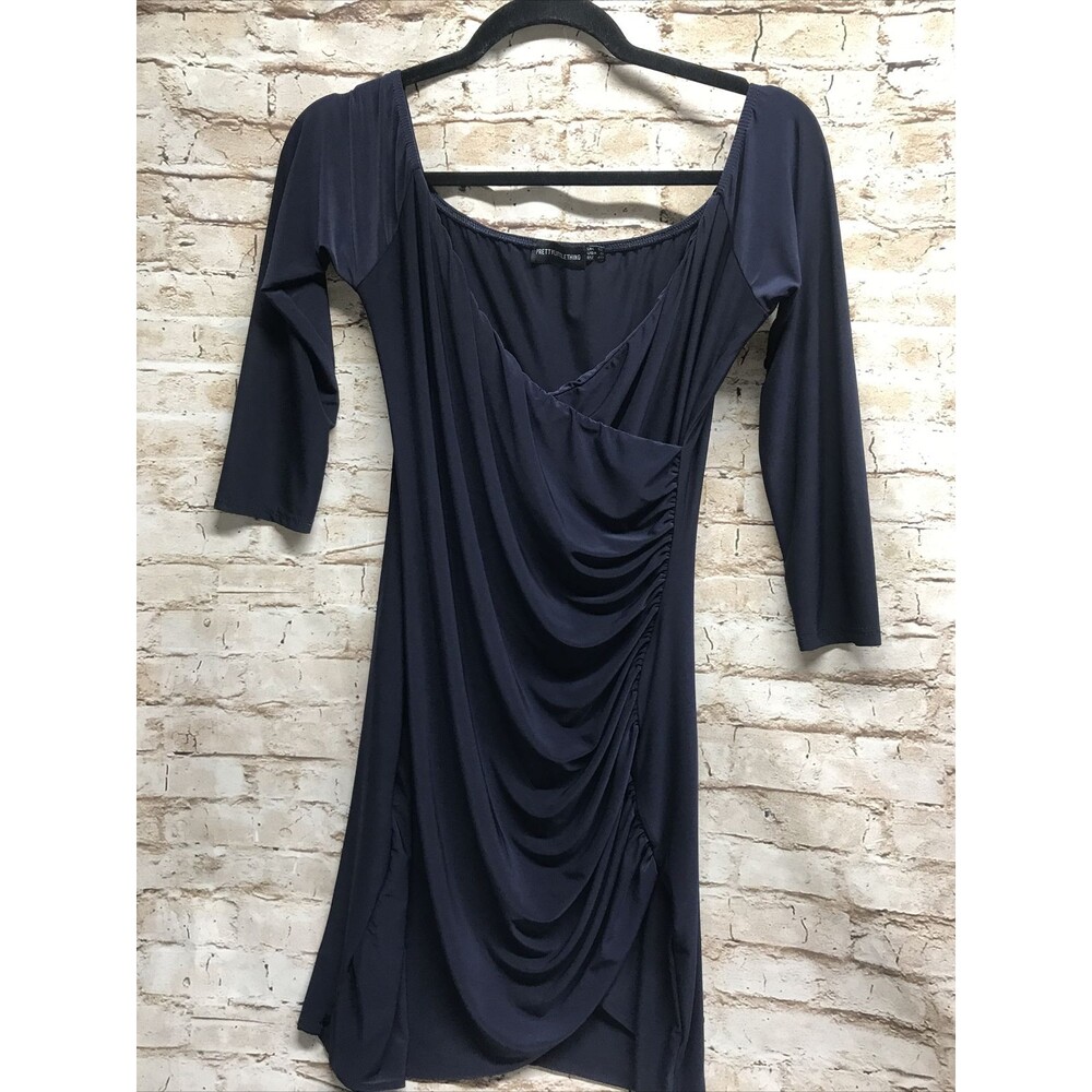Pretty Little Thing Dress Long Sleeve Wrap Rouche V Neck Short Bodycon Blue Sz 8